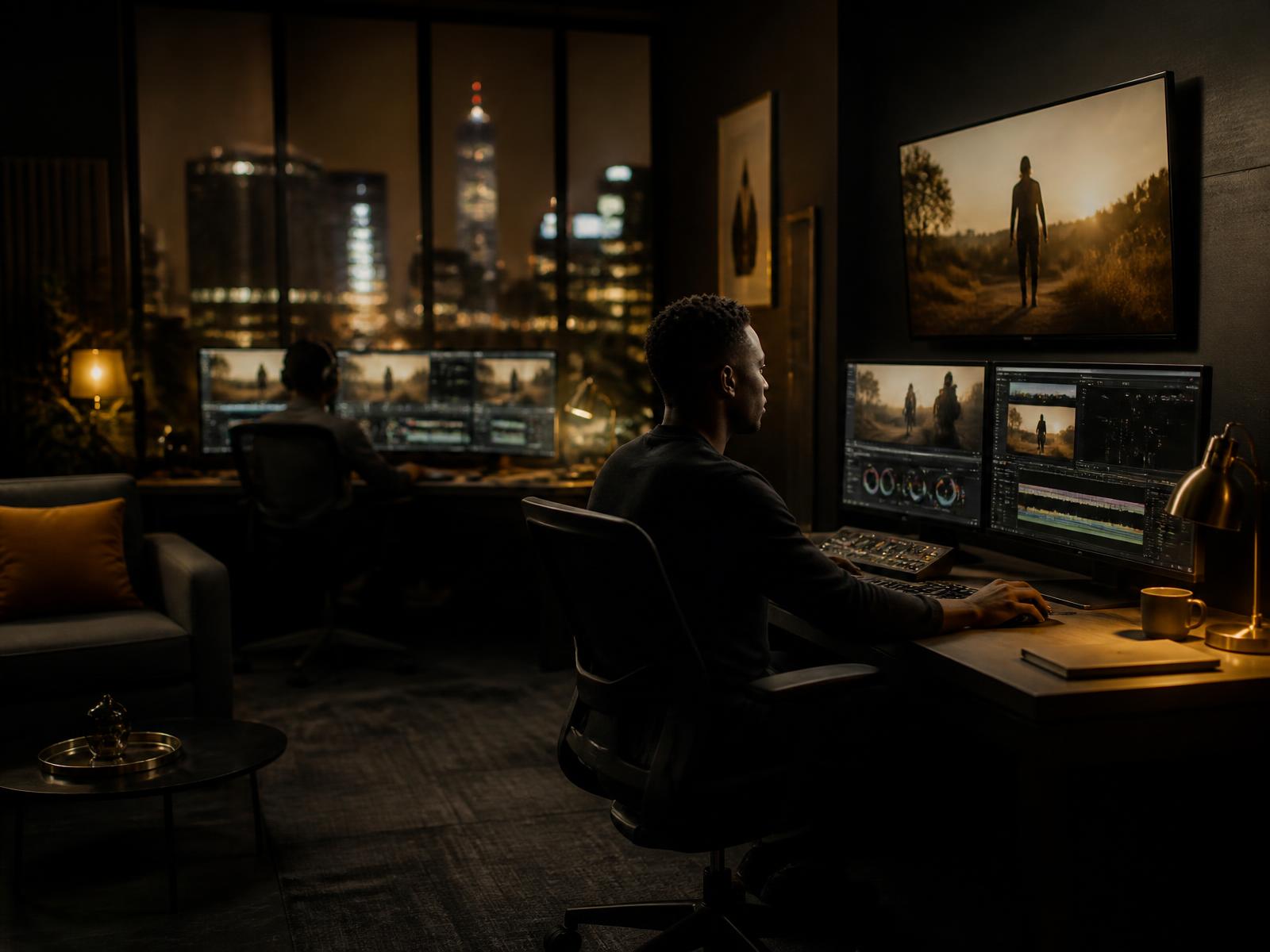 Post-production suite at night (replaceable art-direction plate)