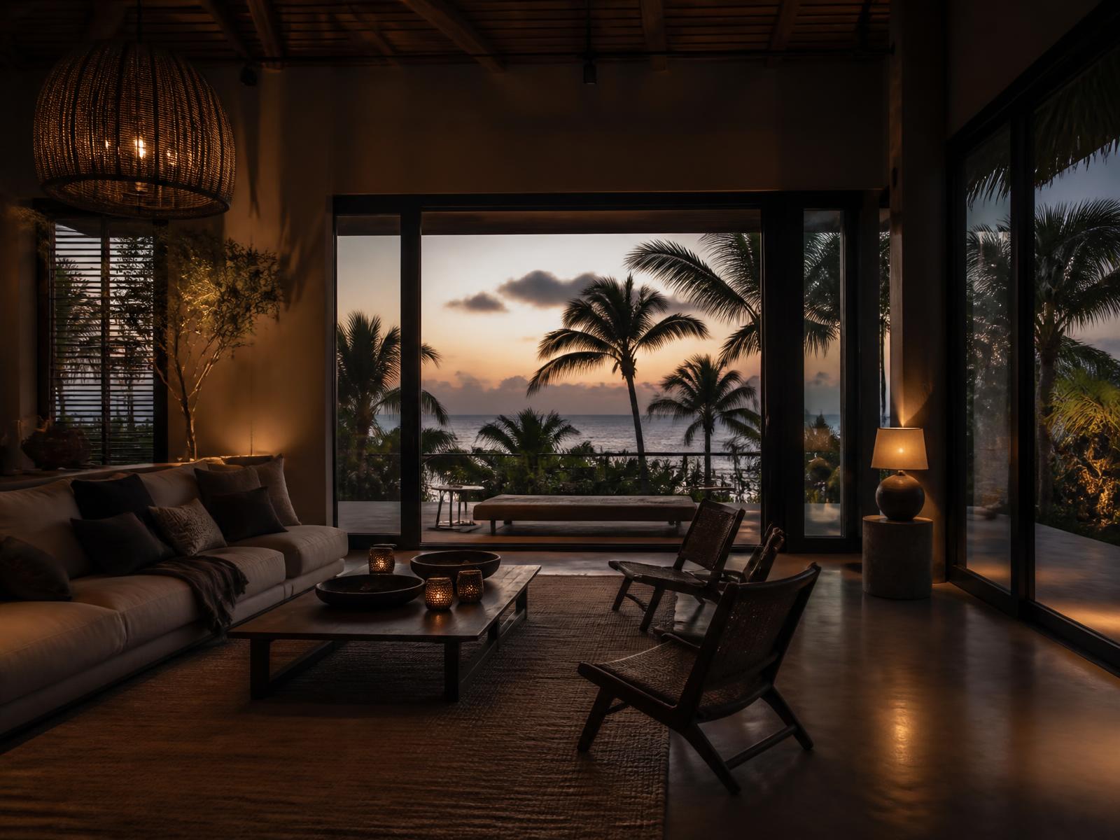 Coastal villa interior at dusk (replaceable art-direction plate)