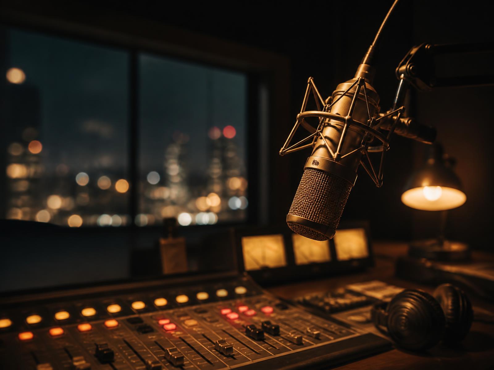 Broadcast studio desk and microphone (replaceable art-direction plate)